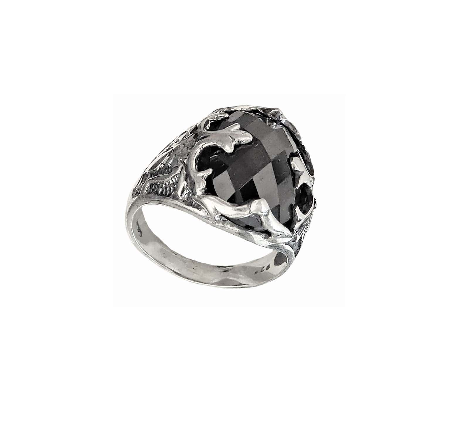 Signet ring men pattern with black stone M68 silver 925 - Atlantis Gold